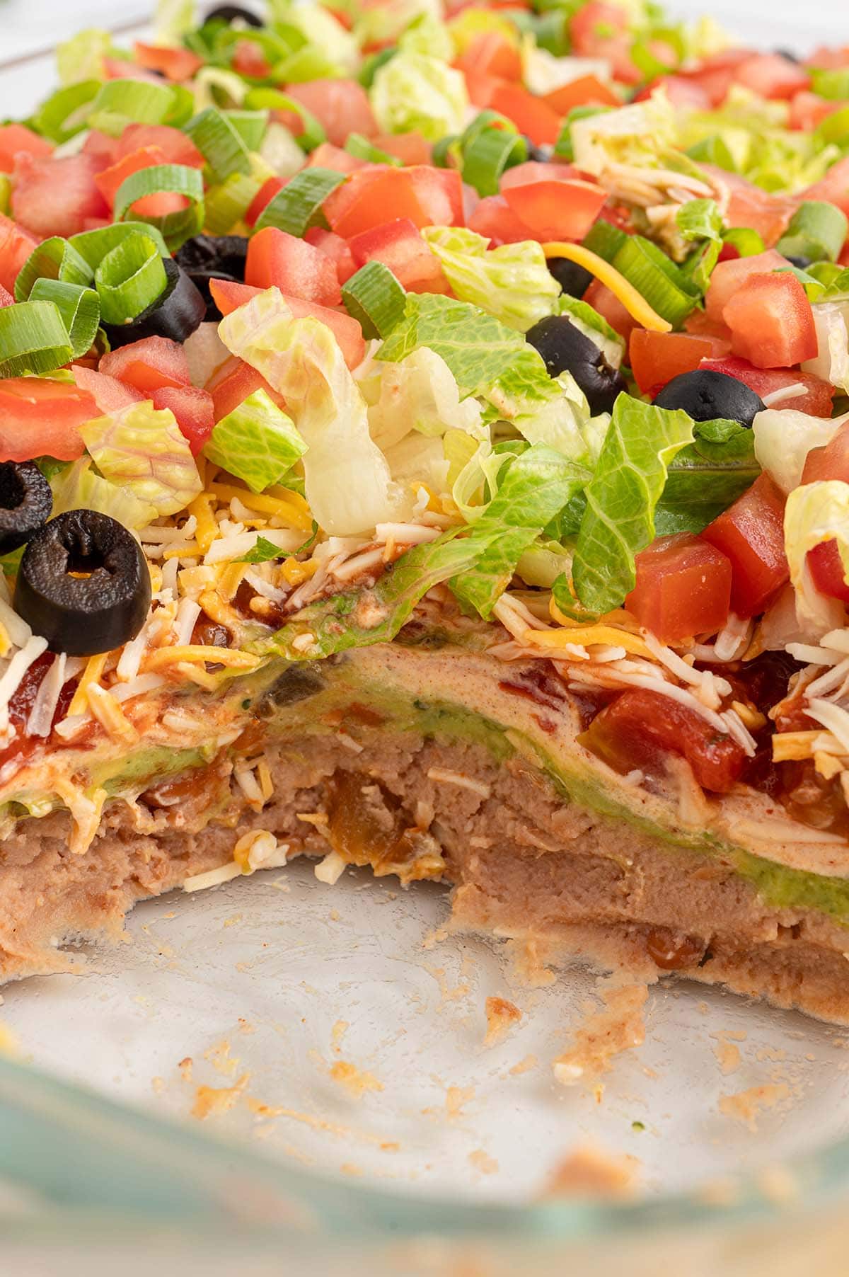 7 layer dip with refried beans, guacamole and salsa. 