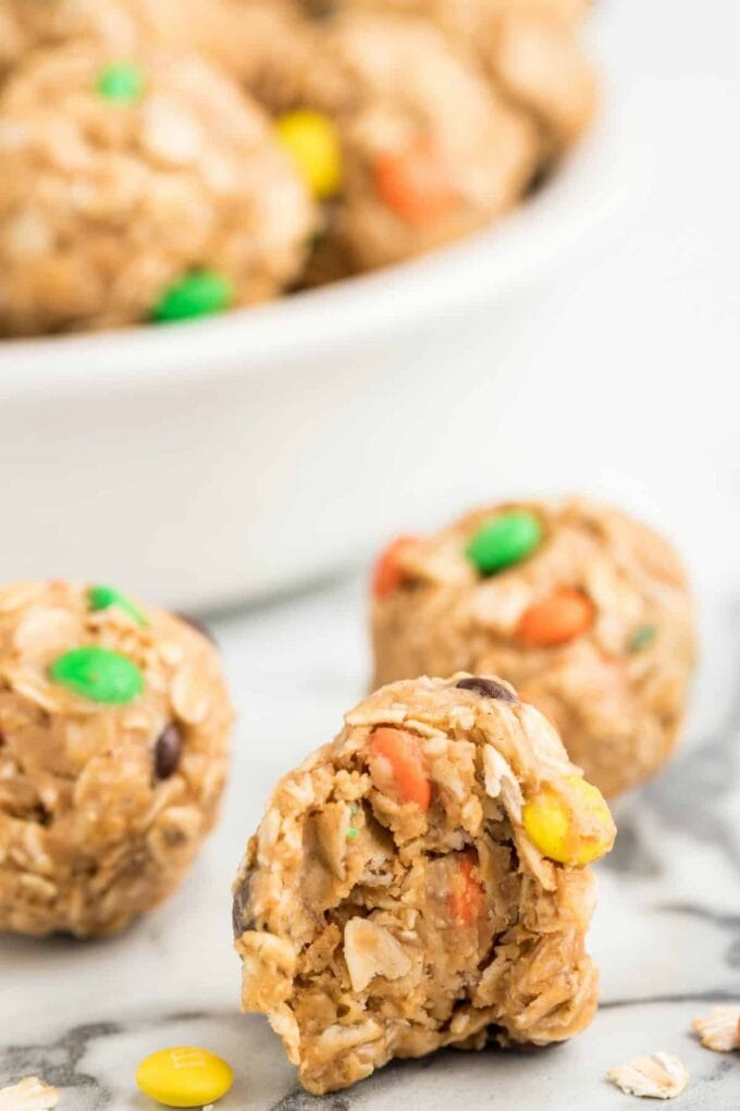 No Bake Monster Cookie Oatmeal Energy Balls bite