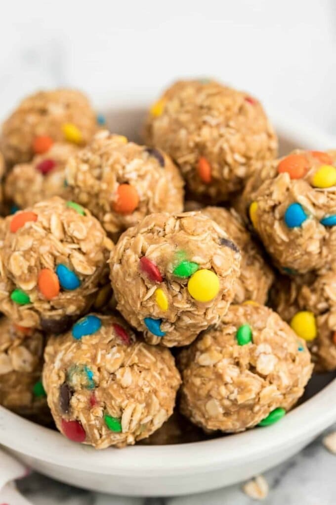 White Chocolate Candy Corn M&M and Peanut Butter Oat Balls