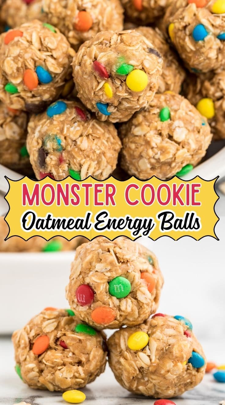 No Bake Monster Cookie Oatmeal Energy Balls with colorful m&m candy