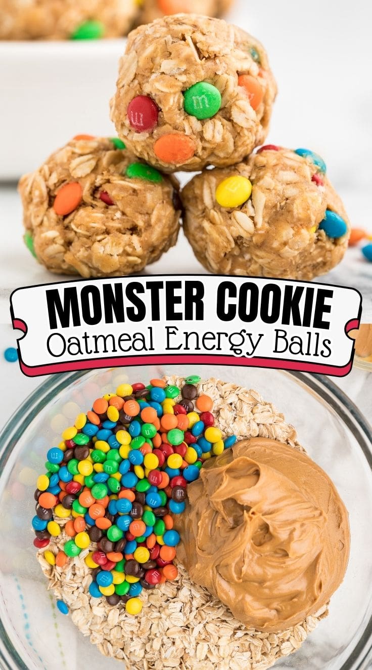 No Bake Monster Cookie Oatmeal Energy Balls ingredients in a glass bowl. Three No Bake Monster Cookie Oatmeal Energy Balls.