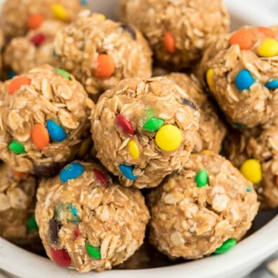 No Bake Monster Cookie Oatmeal Energy Balls close up