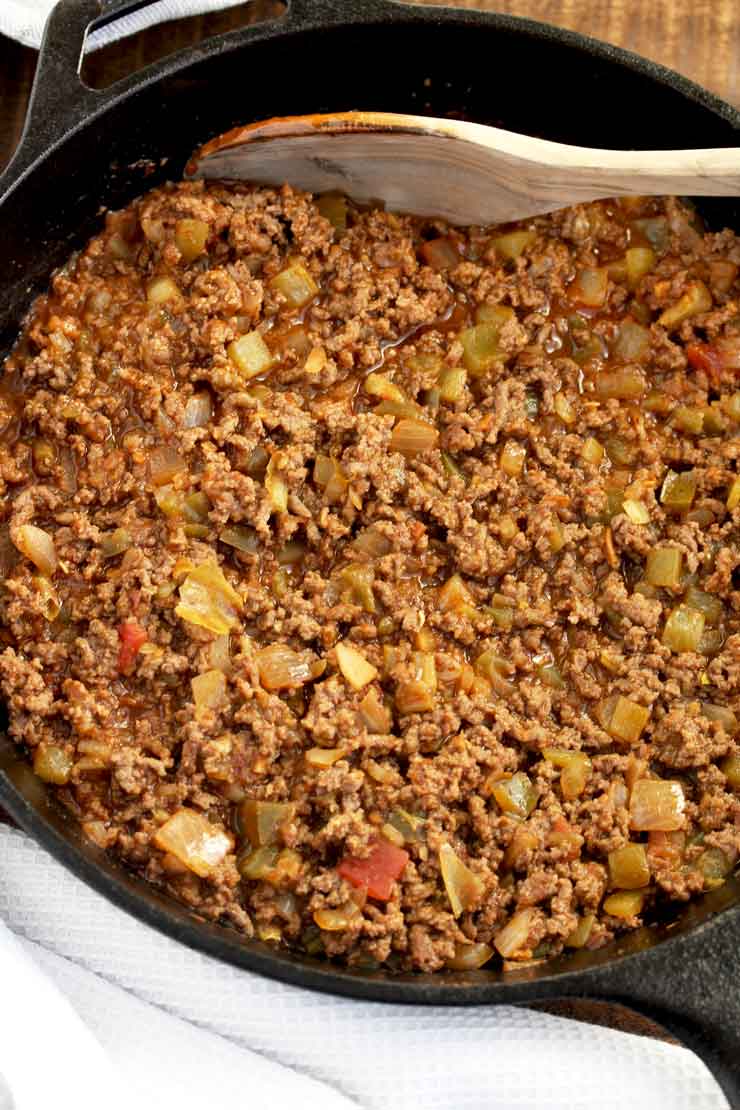 A close-up image of ground taco meat in a skillet