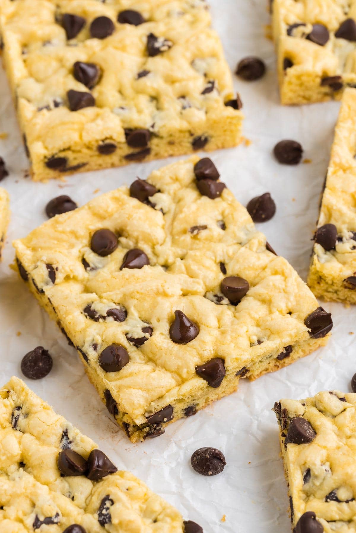 Cake Mix Chocolate Chip Cookie cut into bars.