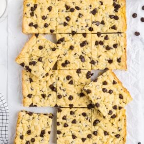 Cake Mix Chocolate Chip Cookie Bars on top of parchment paper.