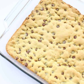 Chocolate Chip Cookie Bars in a glass baking pan