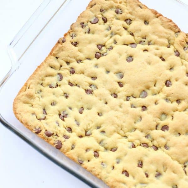 Chocolate Chip Cookie Bars in a glass baking pan