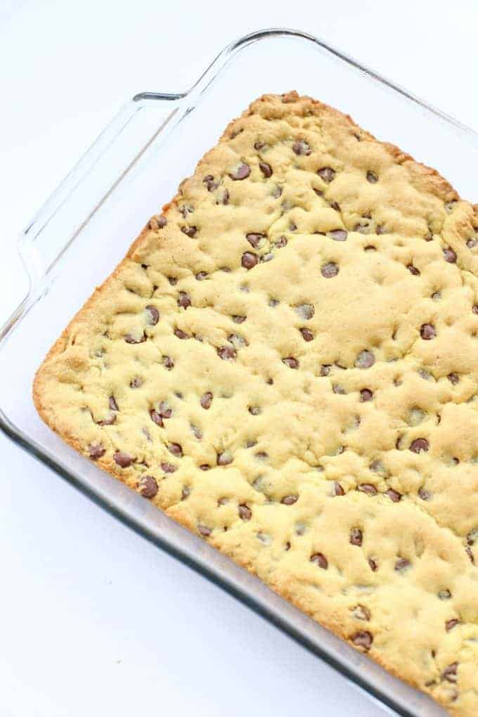 Chocolate Chip Cookie Bars in a glass baking pan