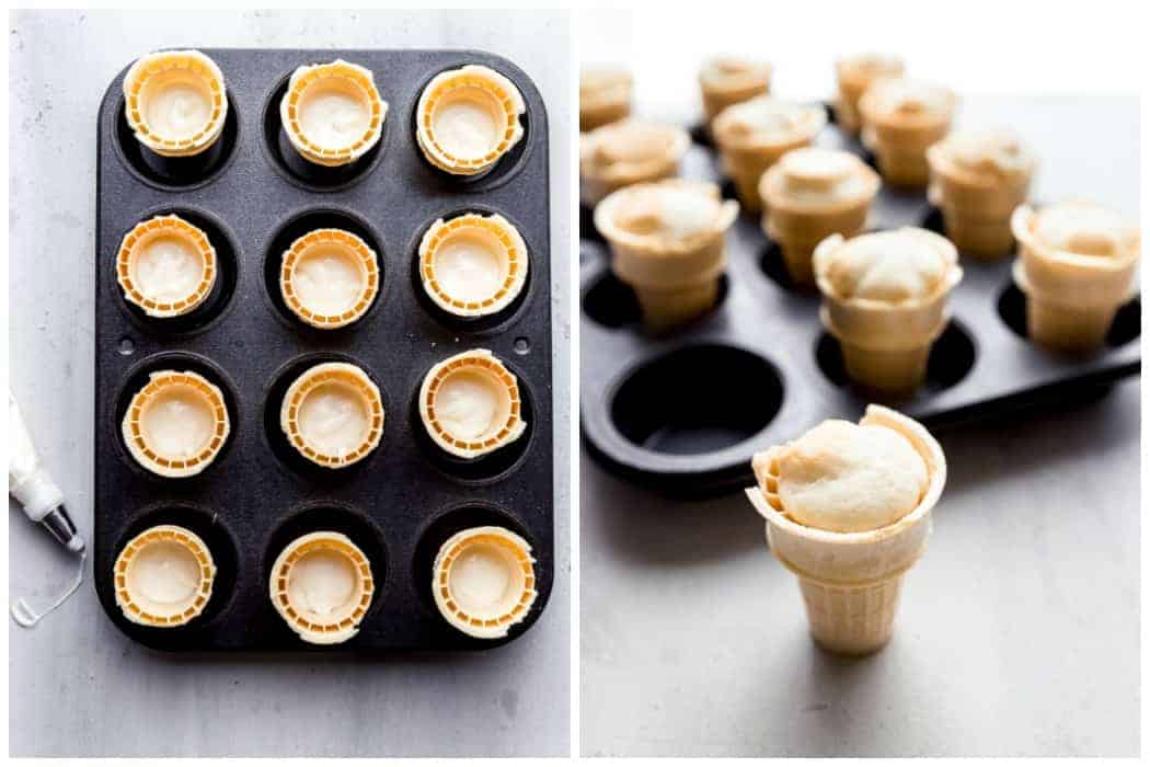 The steps showing how to make ice cream cone cupcakes