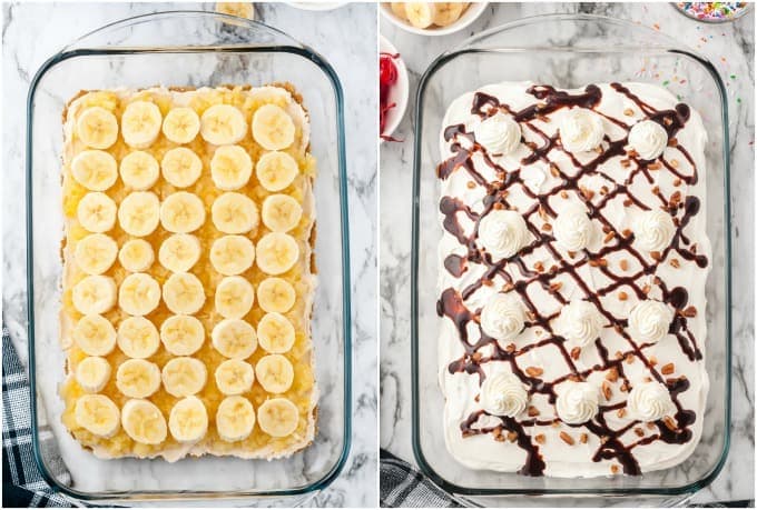 Step-by-step images of how to make banana split cake