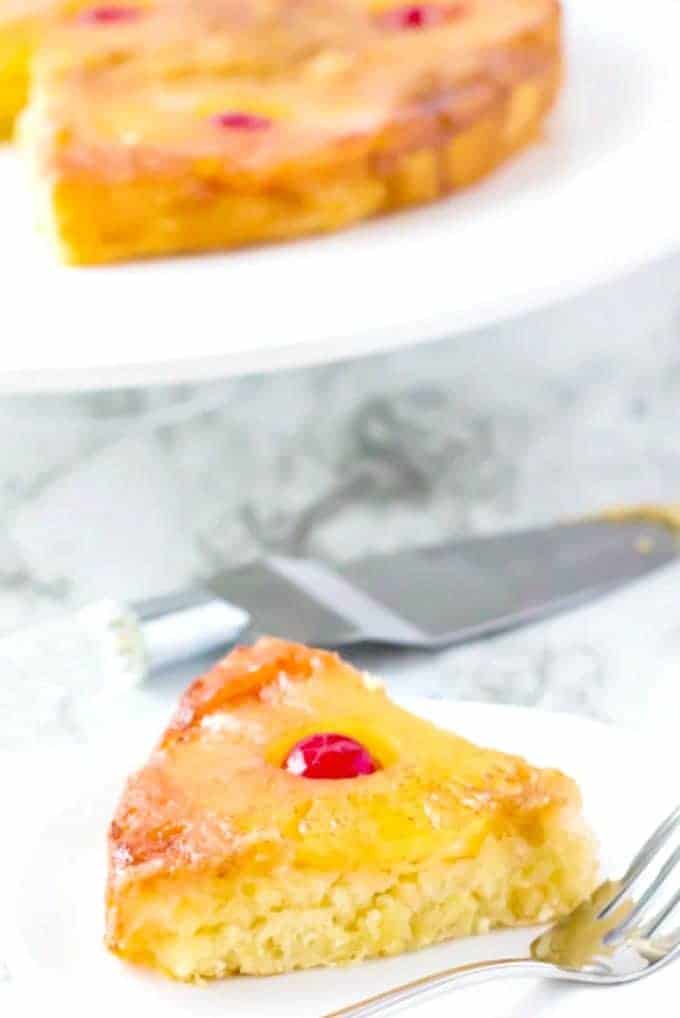 pineapple upside down cake slice bite