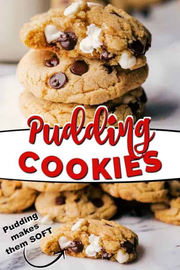 A Pinterest image of chocolate chip pudding cookies
