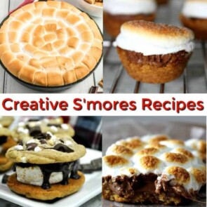 Four images in a collage one of s'more dip one of s'mores bites one of s'more's ice cream cookies and one of s'more bars