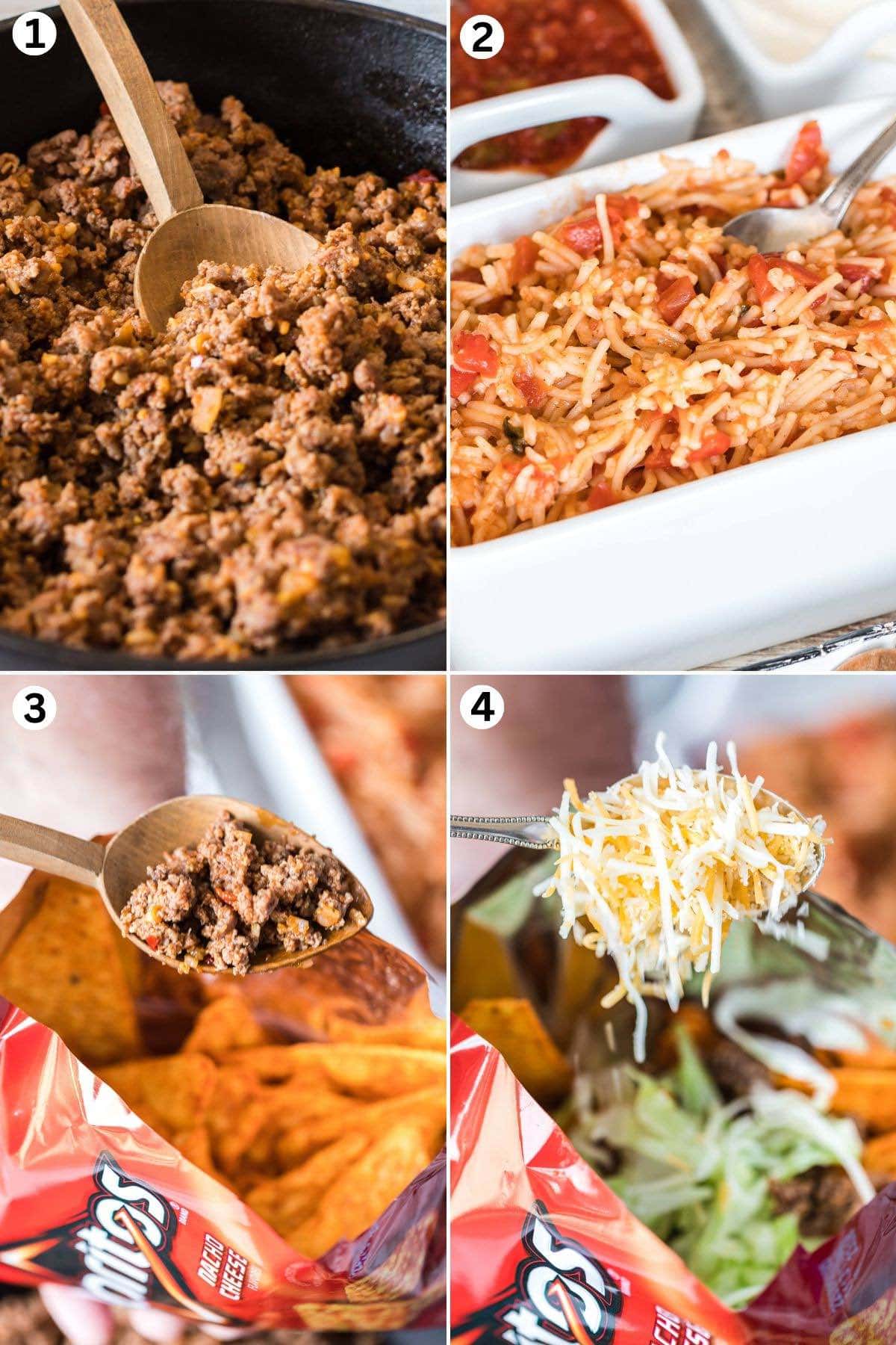 browning the meat, assembling rice and toppings, filling Doritos bags with seasoned beef, and adding shredded cheese.