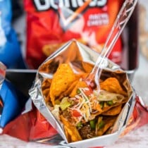 taco ingredients in a Doritos bag