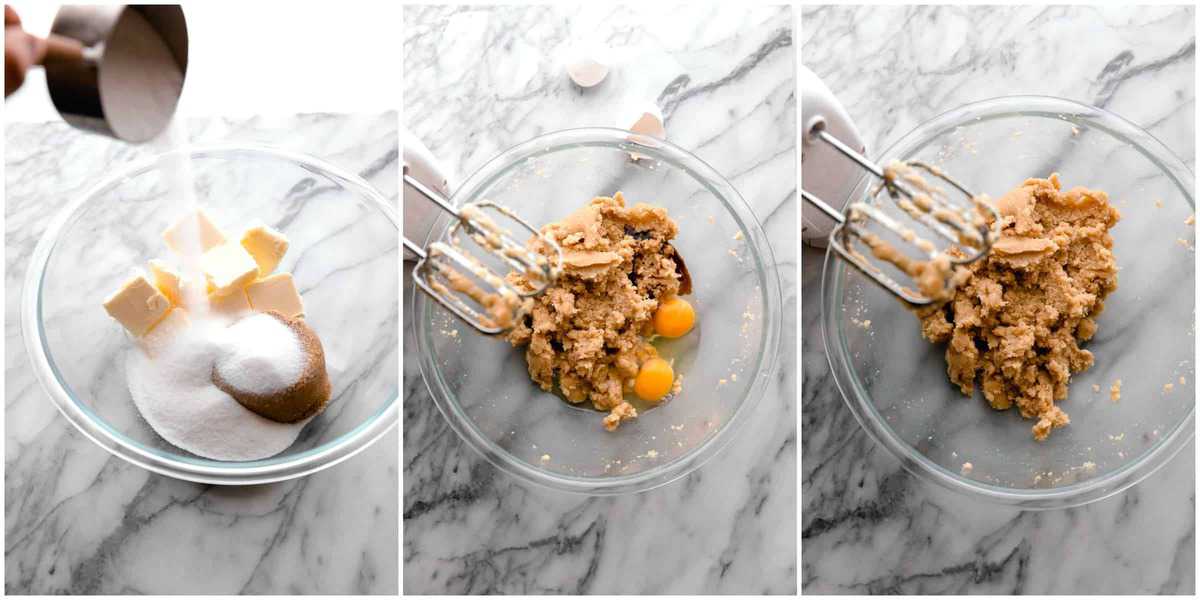 Three images, the first one is step two adding the sugars and eggs to a clear mixing bowl and creaming until combined. The second picture shows adding the eggs, vanilla, and almond extract, and the third images shows everything mixed together on a white background 
