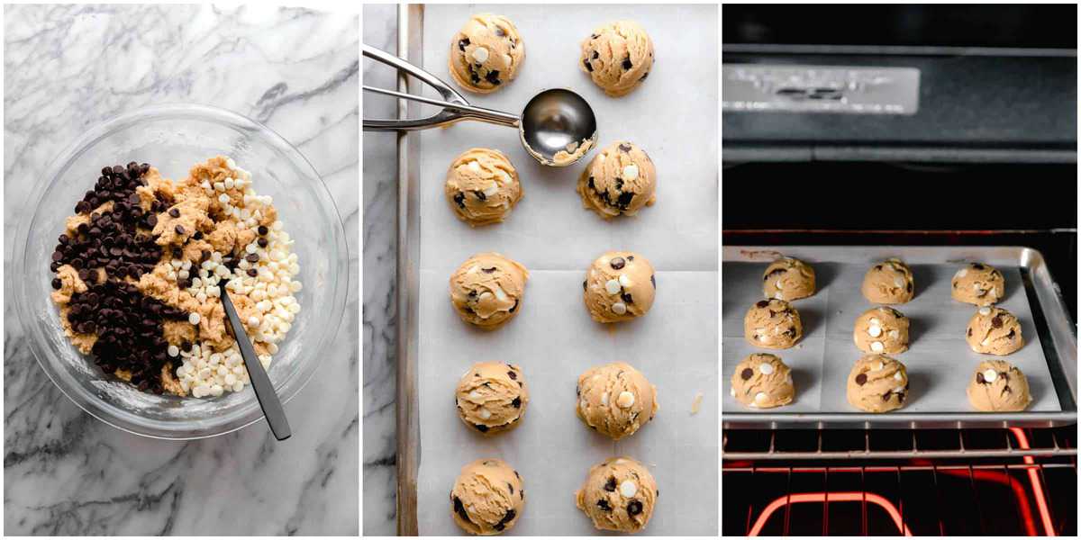 three images, the first images shows the chocolate chips being added to the mixing bowl, the second images shows placing the cookies on a parchment paper lined cookie sheet with a cookie scoop, and the third images shows the cookies being placed in the oven,