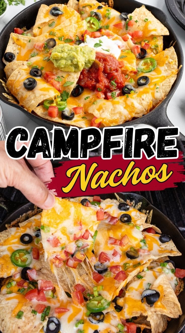 Campfire nachos in a skillet, a hand grabbing a piece of the nachos.