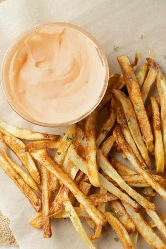 air fryer french fries and buffalo dipping sauce