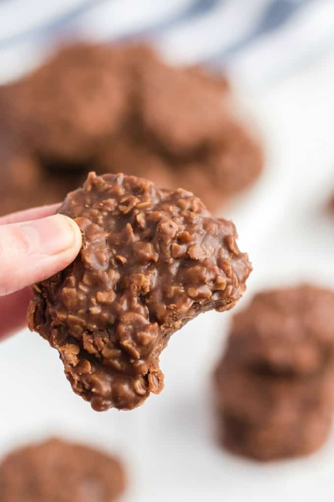 No Bake Chocolate Peanut Butter Cookies with a bite