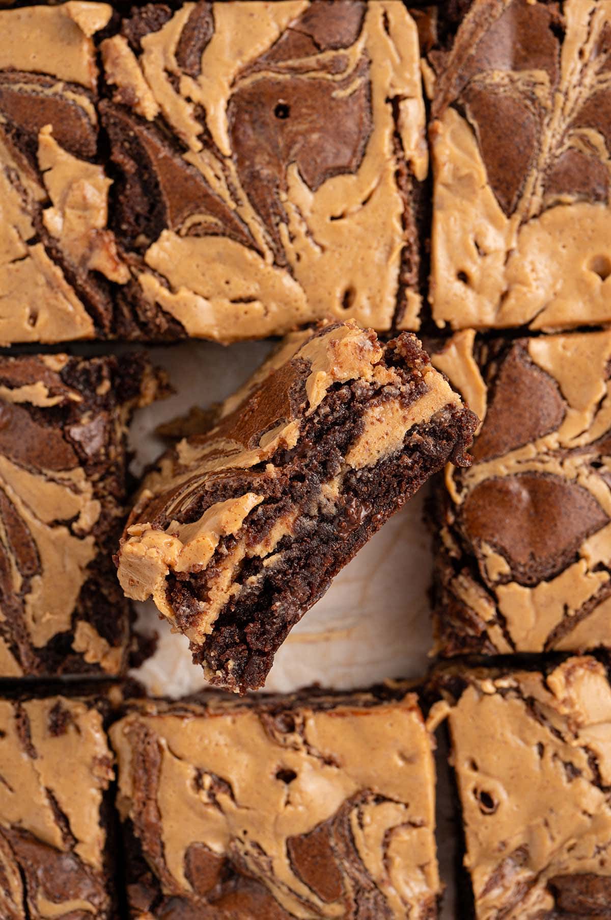 peanut butter brownie on top of parchment paper. 