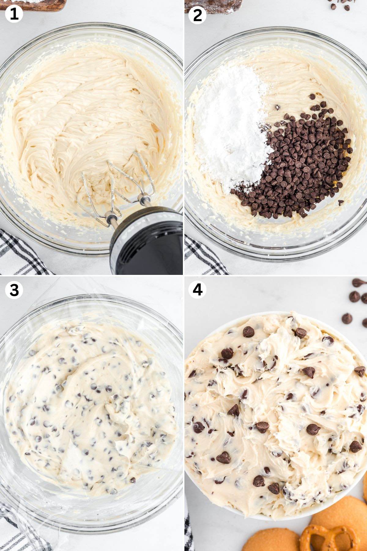 Beat butter and cream cheese, stir in powdered sugar and chocolate chips, chill, and serve.