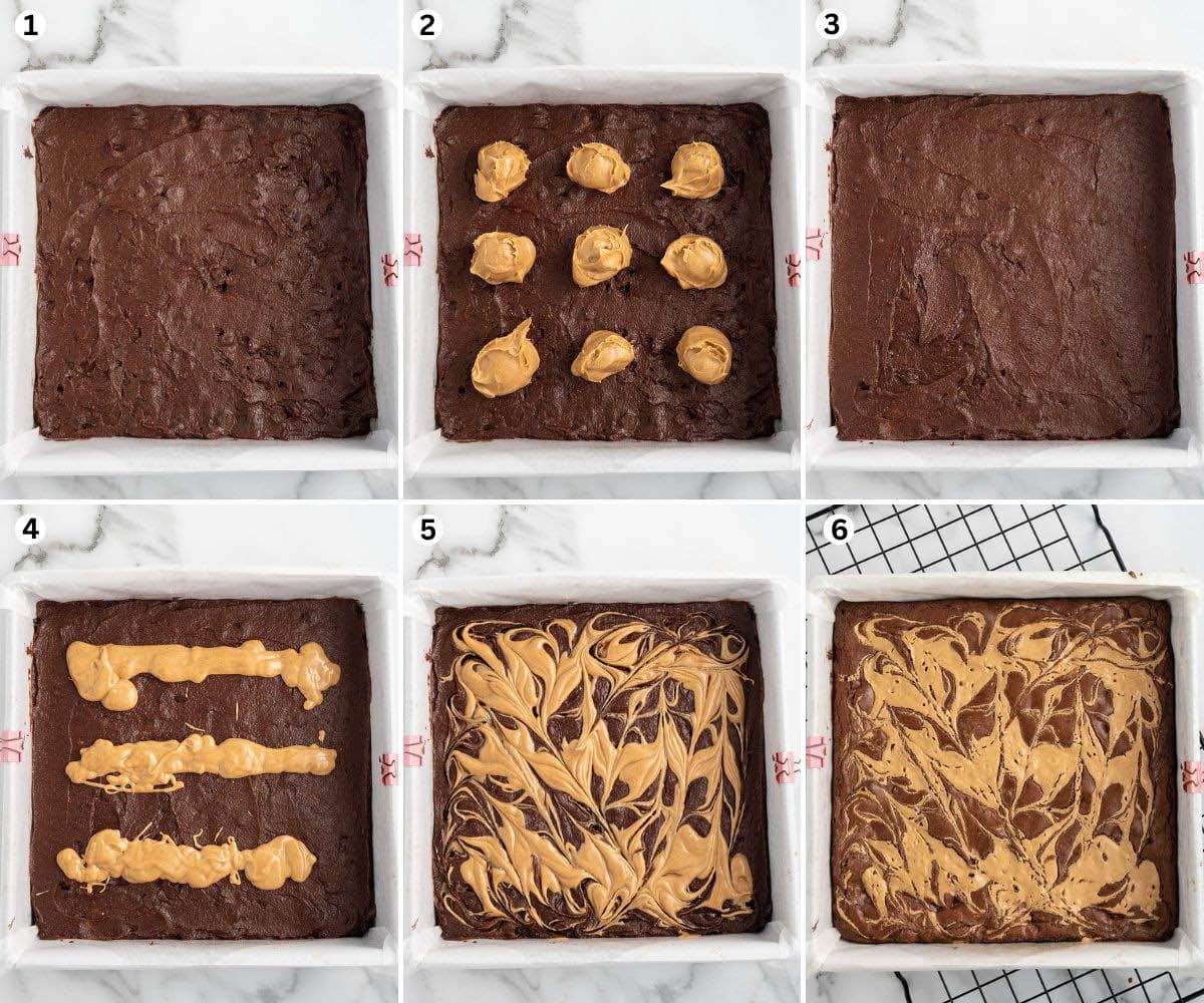 make the flour mixture, the butter mixture and the brownie batter. spread half of the brownie batter into the baking pan, scoops of peanut butter onto the batter and cover with the remaining brownie batter.