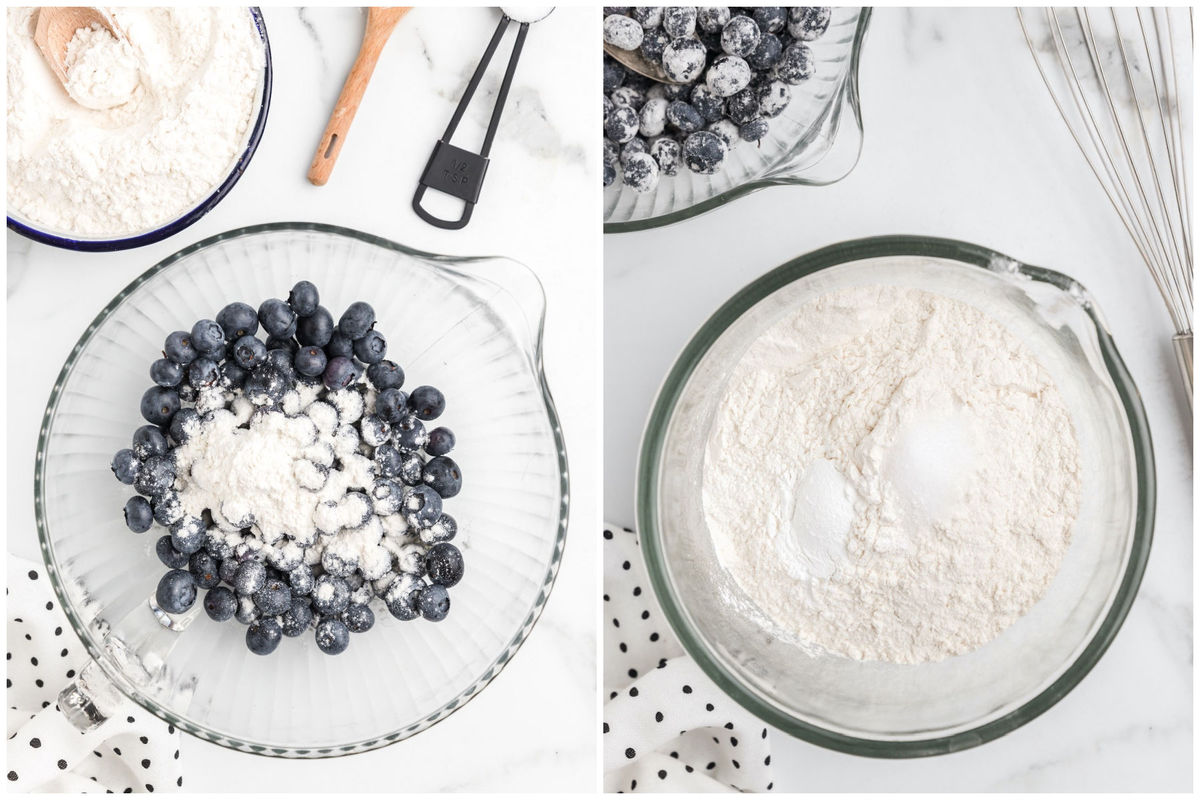 mix blueberry and flour. in another bowl whisk together flour, baking powder, and salt.