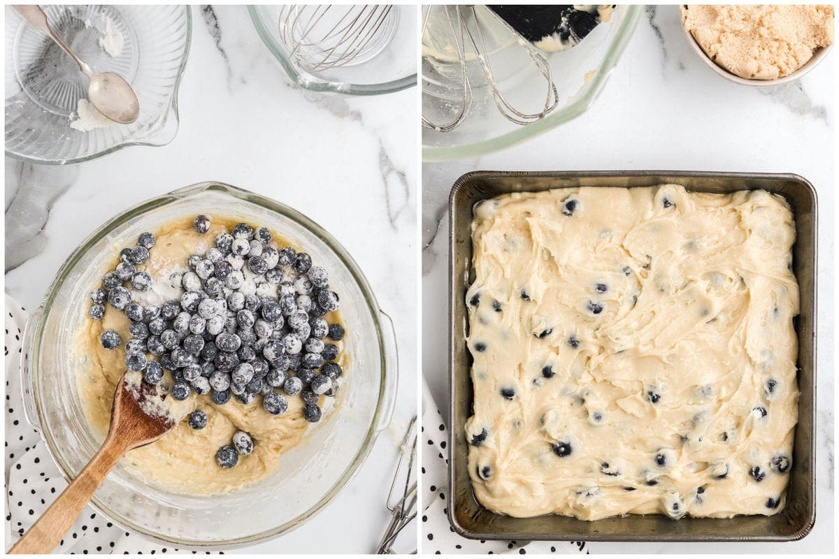 add in the flour coated blueberries and spread mixture evenly into the prepared pan.