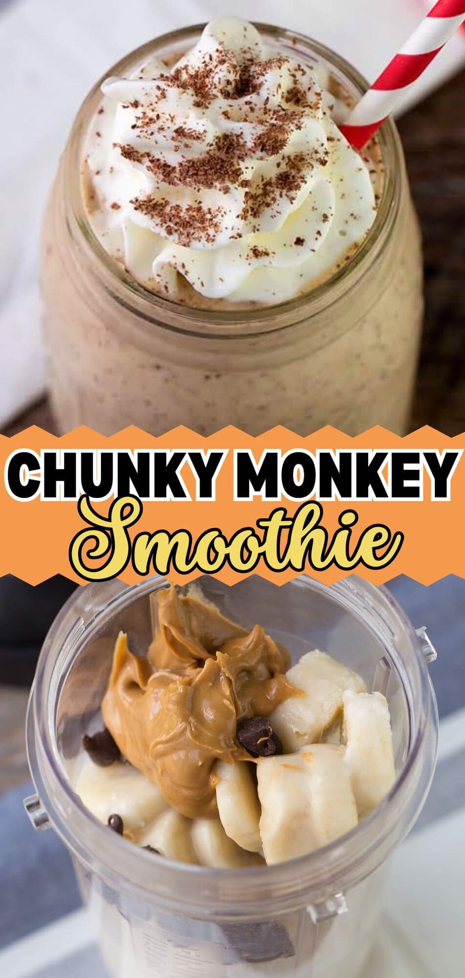 finished chunky monkey smoothie with whipped cream and chocolate shavings alongside a blender cup with banana, peanut butter, and mini chocolate chips.