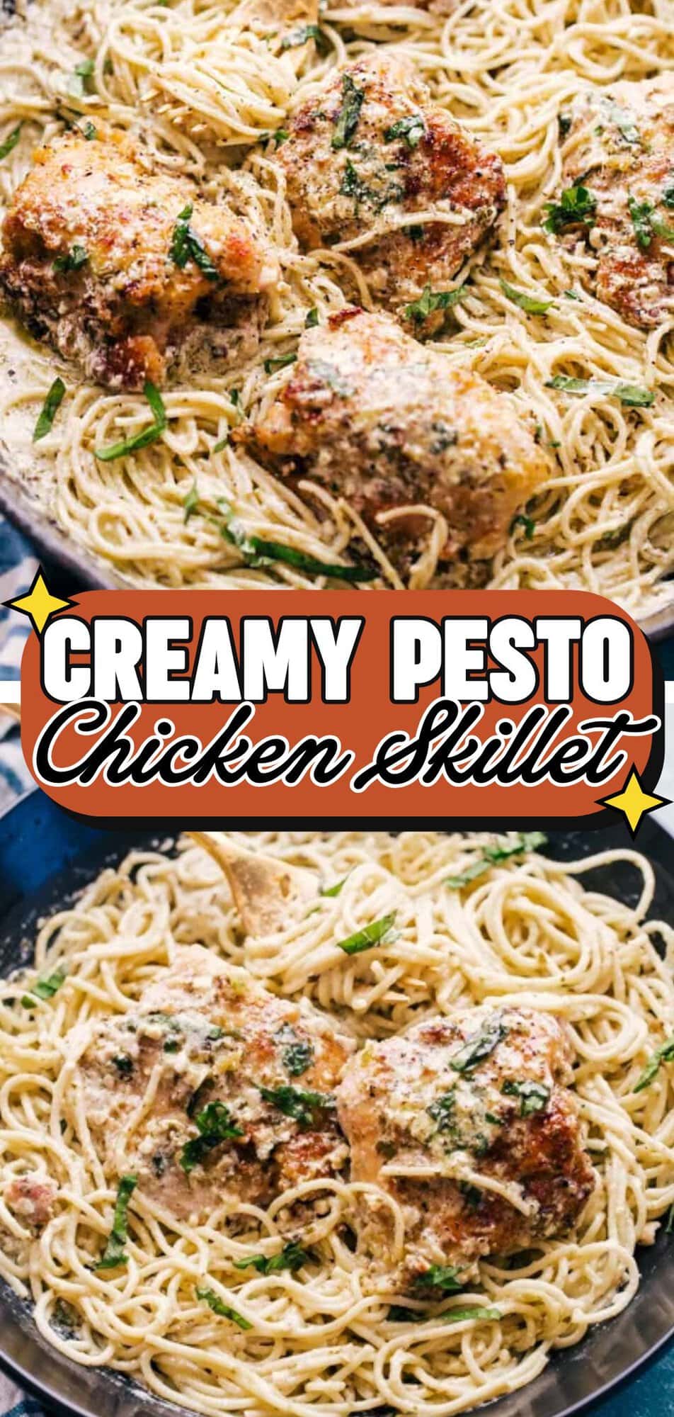 Creamy pesto chicken skillet recipe pin with chicken thighs over spaghetti.