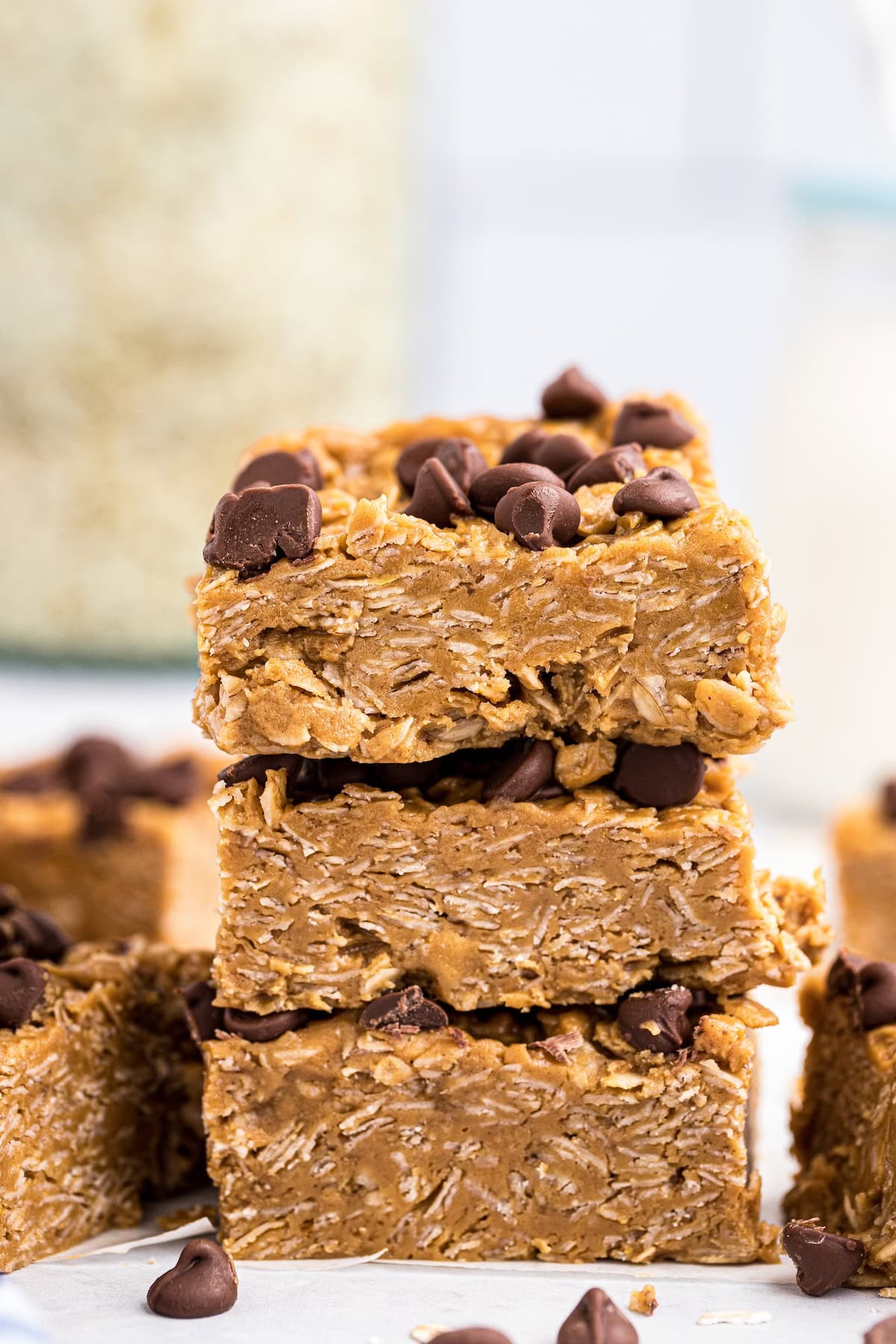 peanut butter oatmeal bars stacked.