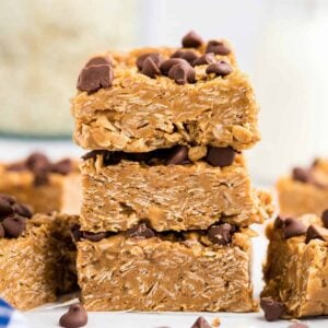 3 Peanut Butter Oatmeal Bars cut in squares stacked on top of each other