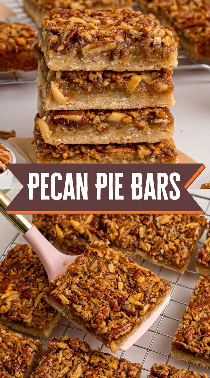 A spatula lifting a piece of Pecan Pie Bars from the cooling rack