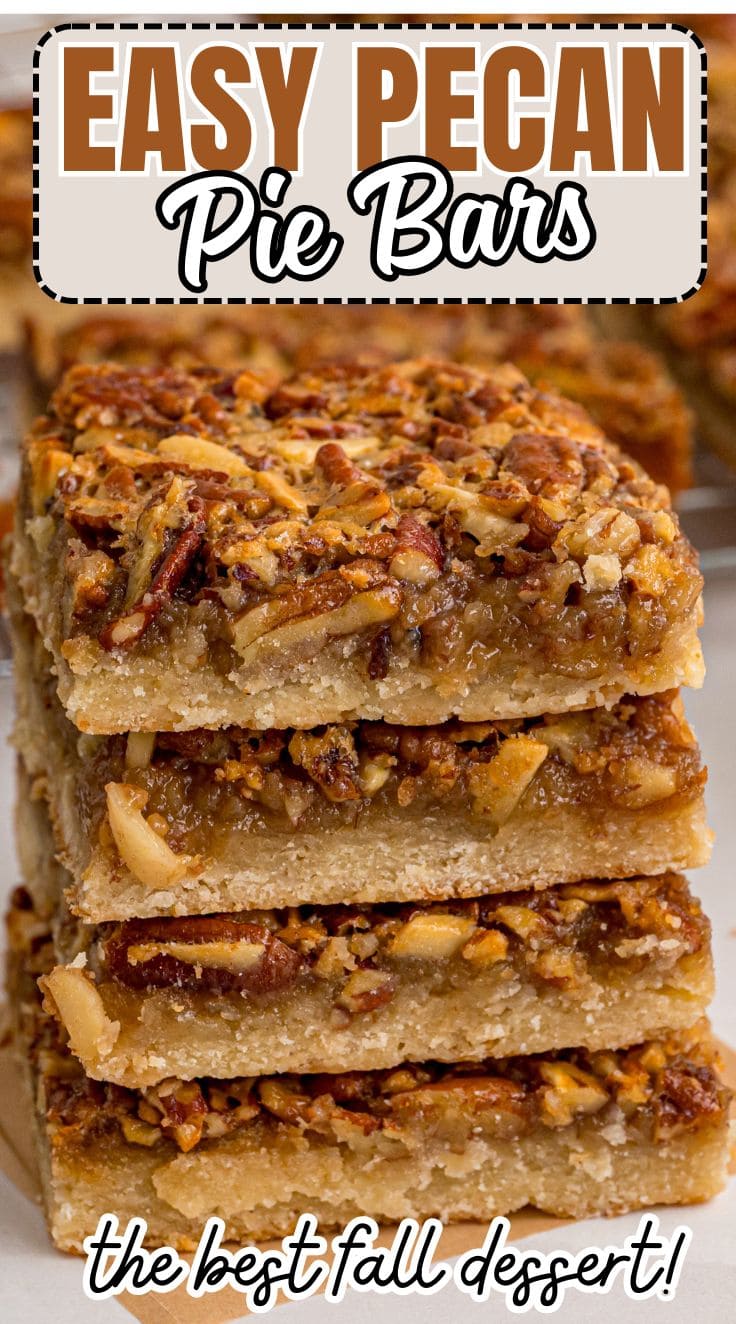 Golden pecan pie bars with a buttery crust and gooey pecan topping, sliced into squares for an easy dessert or holiday treat.
