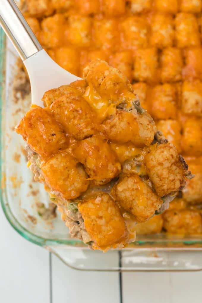 Tater tot Casserole scooped out of baking dish