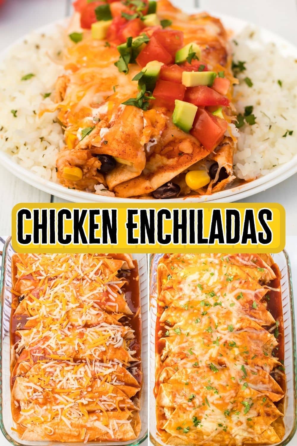 Chicken Enchiladas served with rice on a plate