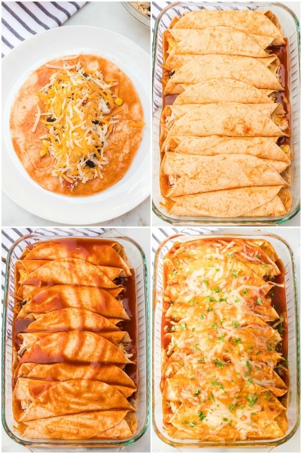 four pictures showing how to make Chicken enchiladas
