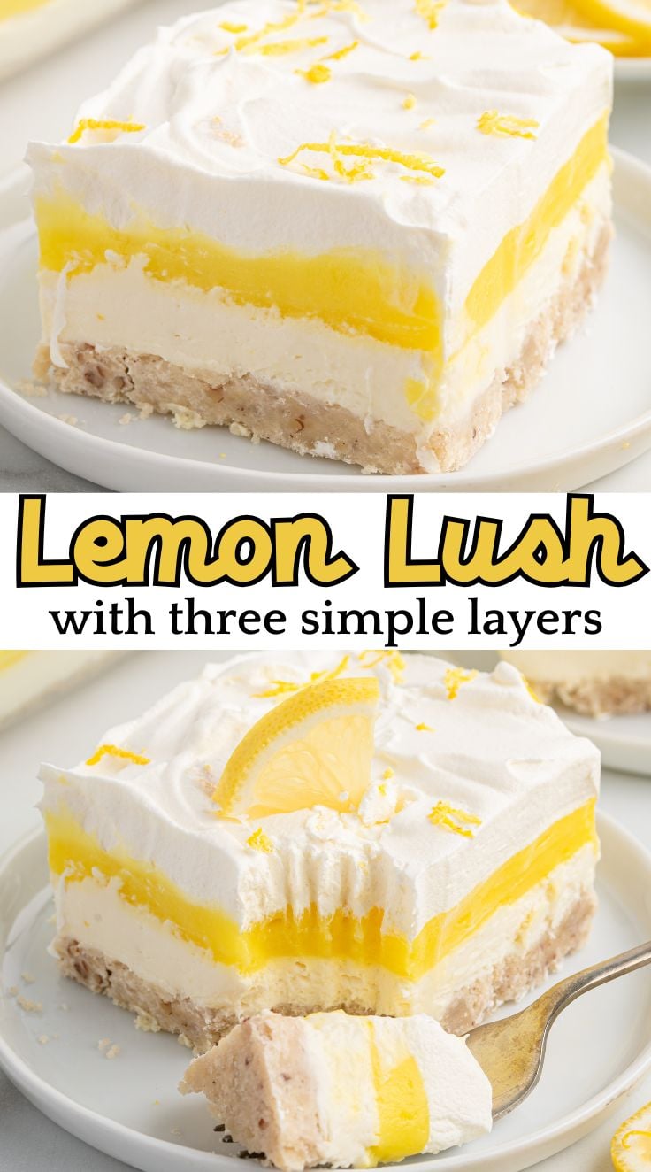 Lemon lush close up showing layers of crust, cream cheese mixture, lemon pudding and whipped topping.