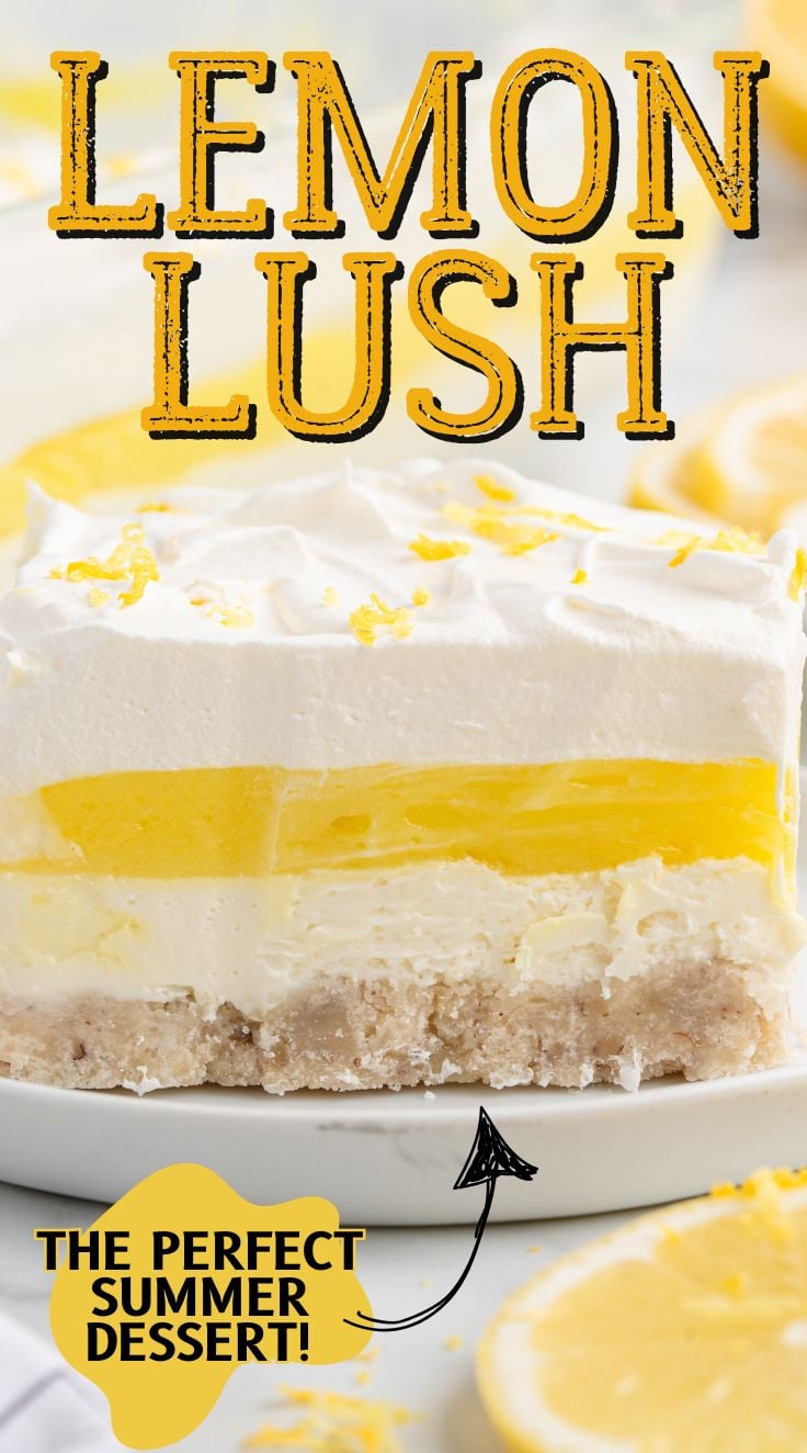 Lemon lush served on a white plate, with slices of lemon around it.