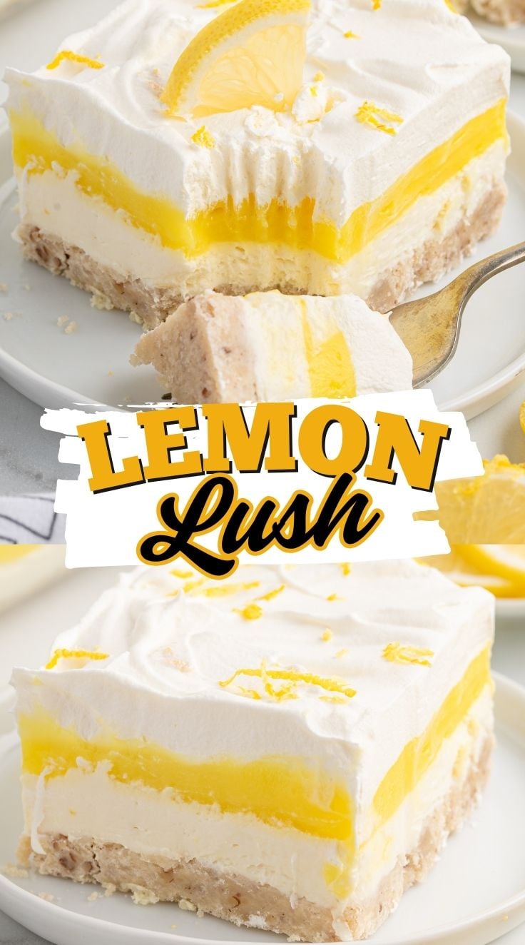 Square sliced lemon lush served on a white plate