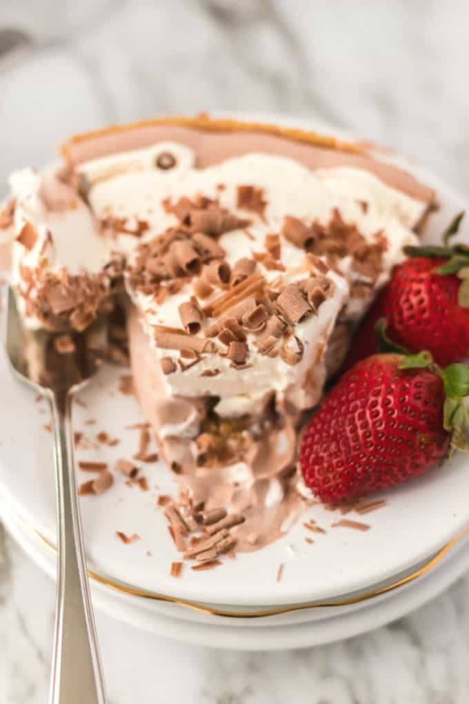 No Bake Chocolate Pudding Pie with a bite