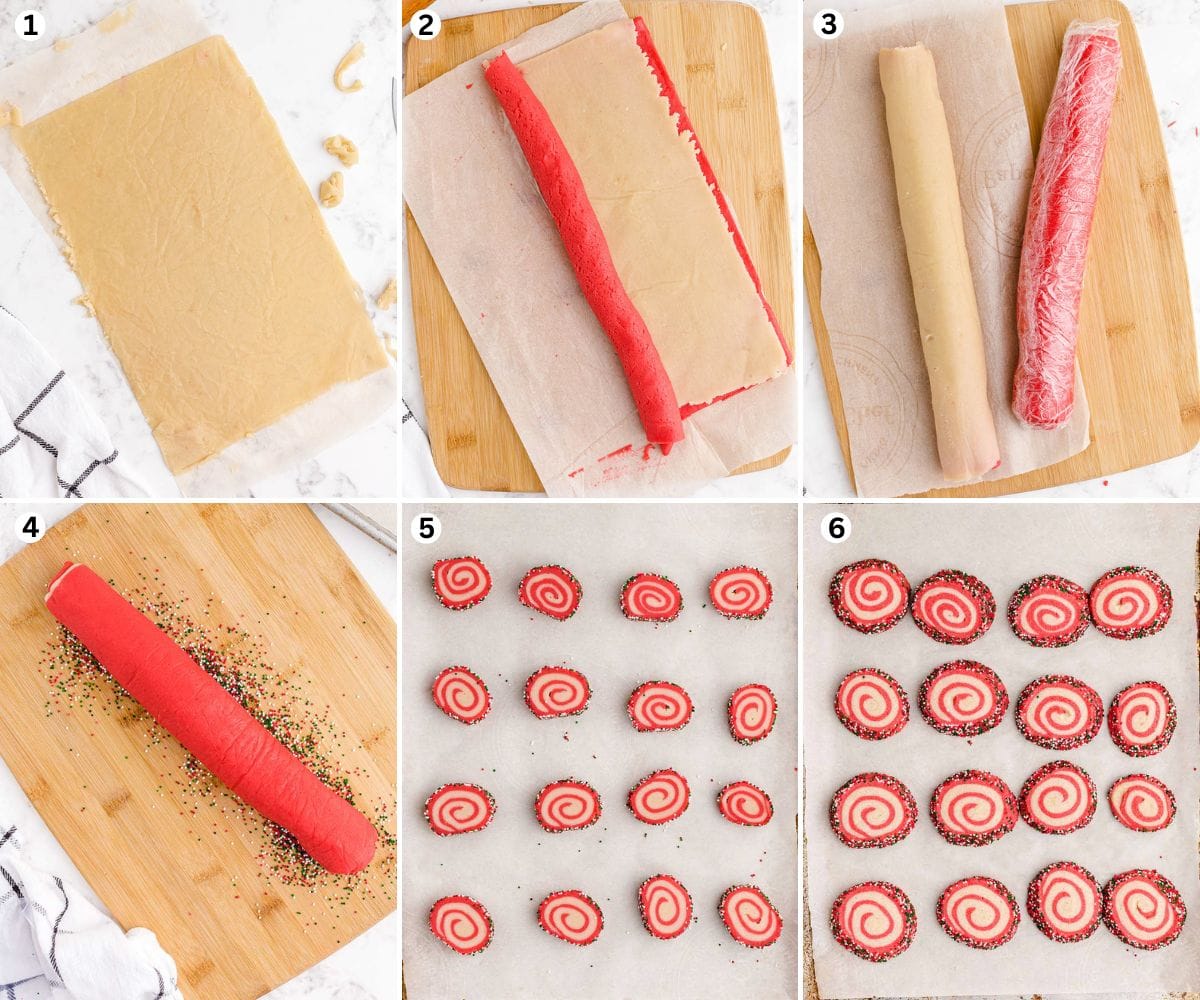 Roll each piece of dough into a rectangle. Place one red piece of dough on top of the plain piece. Place the plain piece on top of the red and wrap in plastic wrap.  Roll in colorful sprinkles. Cut thick slices and place each disc on the prepared baking sheets and bake. Cool completely.