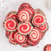 christmas pinwheels cookies served on a plate.