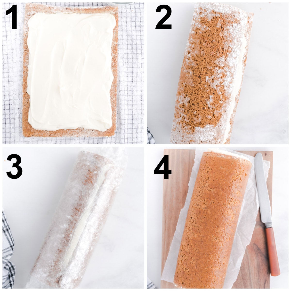 process of spreading the cream cheese filling and rolling the cake