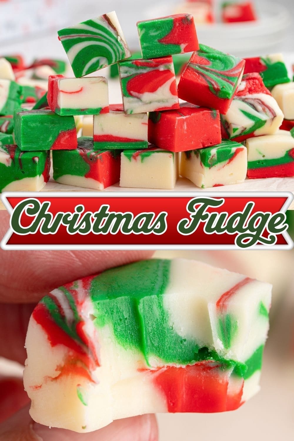 Christmas fudge, showing a stack of red, green, and white fudge squares above and a hand holding a bitten piece below.
