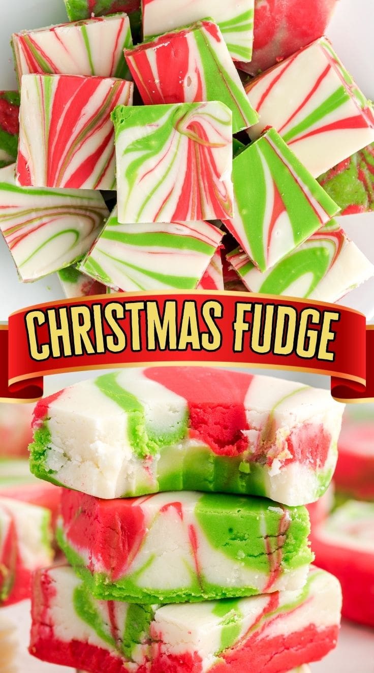 Colorful red and green Christmas fudge squares in a stack, showing creamy layers