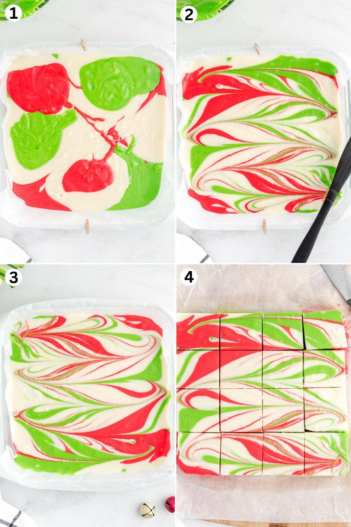 Layering red, green, and white fudge, swirling with a knife for a festive design, and slicing into squares for a colorful holiday treat.