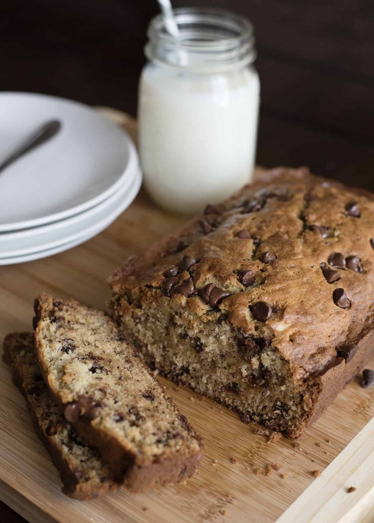 Chocolate Chip Banana Bread sliced featured