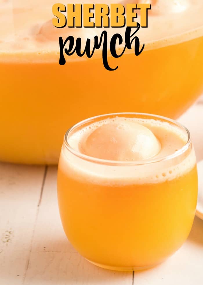 Orange Sherbet Punch in a glass with a scoop of sherbet